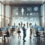 Emprendedores trabajando en una oficina moderna con pantallas y gráficos tecnológicos, ambiente de innovación.