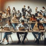 Grupo diverso de jóvenes emprendedores trabajando con computadoras y pantallas digitales en un espacio moderno de coworking.