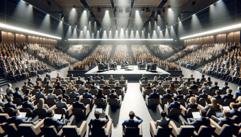 Conferencia con líderes de startups y tecnología en un auditorio moderno