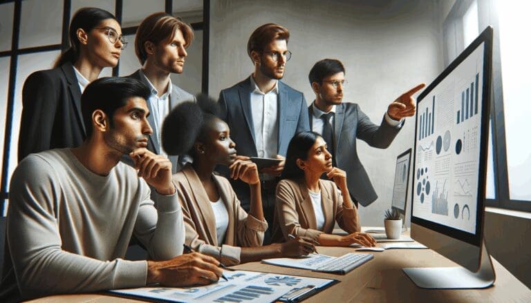 Equipo de trabajo multicultural en una oficina moderna analizando datos en pantallas digitales.