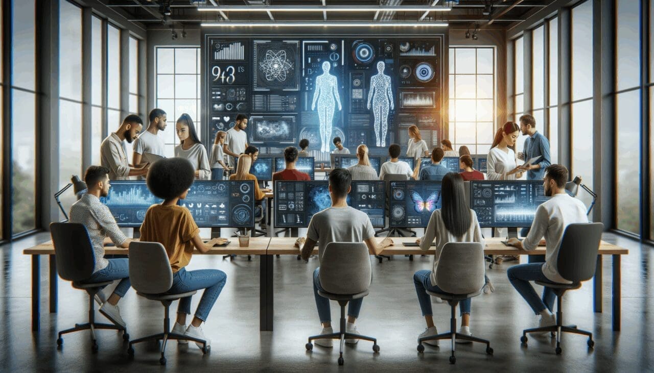 Grupo de diseñadores creativos trabajando frente a varias pantallas con gráficos digitales y una interfaz de inteligencia artificial en un entorno moderno.