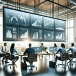 Oficina moderna con equipo colaborando y pantallas mostrando gráficos de crecimiento.
