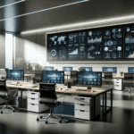 Oficina moderna con laptops y pantallas mostrando datos, ambiente tecnológico y profesional.