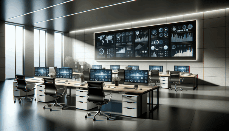 Oficina moderna con laptops y pantallas mostrando datos, ambiente tecnológico y profesional.