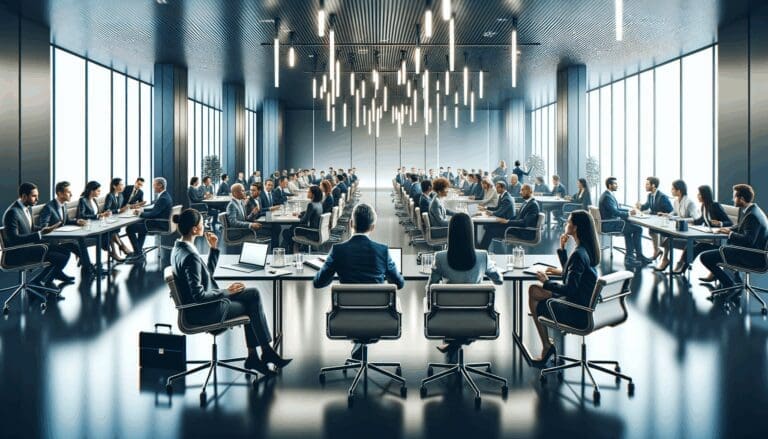 Salón moderno con emprendedores y ejecutivos conversando durante un evento de inversión tech.