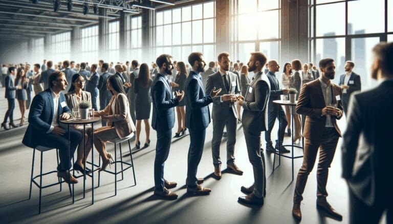 Grupo de emprendedores en una sesión de networking en un evento tecnológico.