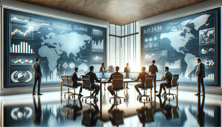 Oficina moderna con equipos colaborando y pantallas digitales, reflejando tecnología financiera.