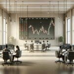Oficinas minimalistas con pantallas mostrando gráficos de bolsa y desarrolladores trabajando.