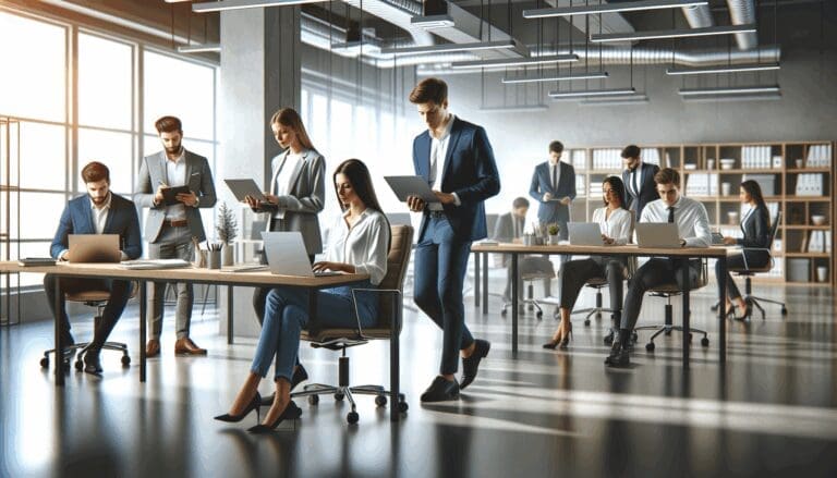 Equipo joven reunido en una oficina moderna trabajando en laptops, ambiente colaborativo y tecnológico.