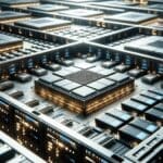 Primer plano de servidores y chips avanzados en un moderno centro de datos tecnológico.