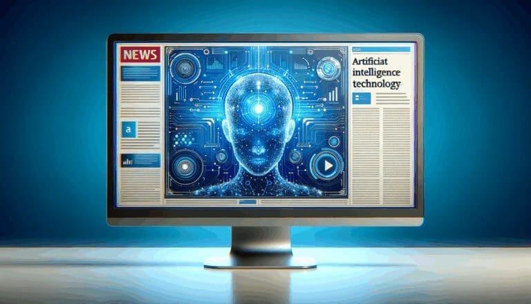 Ilustración conceptual de una tecnología de inteligencia artificial en una pantalla de ordenador, con fondo azul y elementos futuristas.