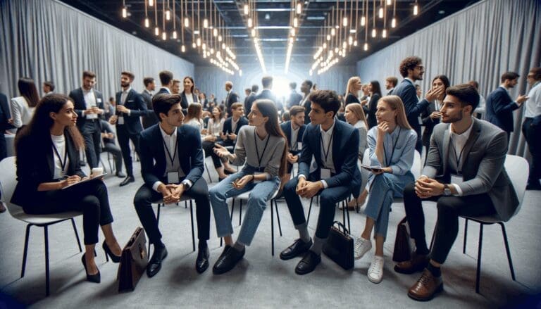 Fotografía de jóvenes emprendedores interactuando en un evento tecnológico moderno.