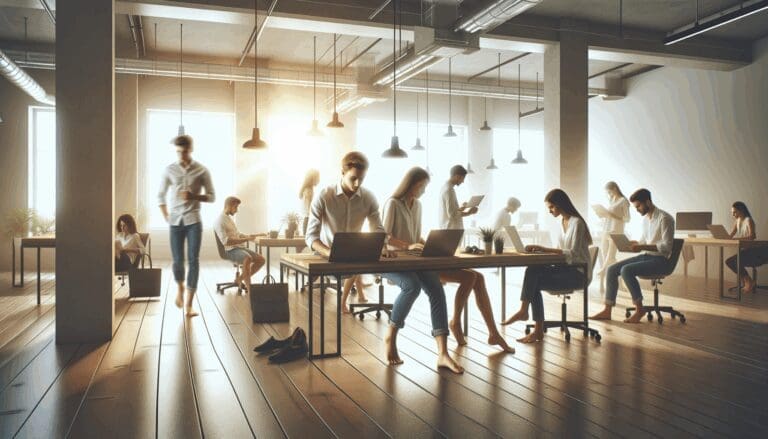 Oficina moderna con equipo joven trabajando en un espacio abierto y relajado, algunos descalzos, luz natural, ambiente cálido.