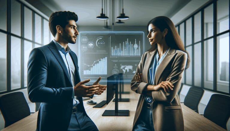 Dos jóvenes emprendedores conversan frente a una pantalla digital con gráficos y datos legales en una oficina moderna iluminada.