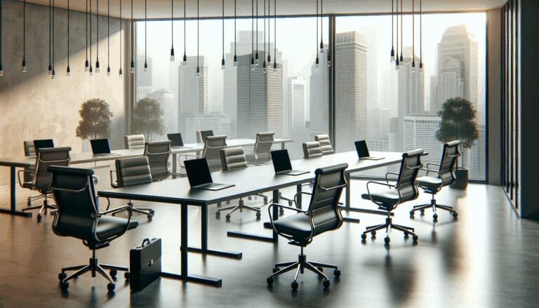 Oficina vacía con sillas modernas y laptops apagados en un entorno urbano.