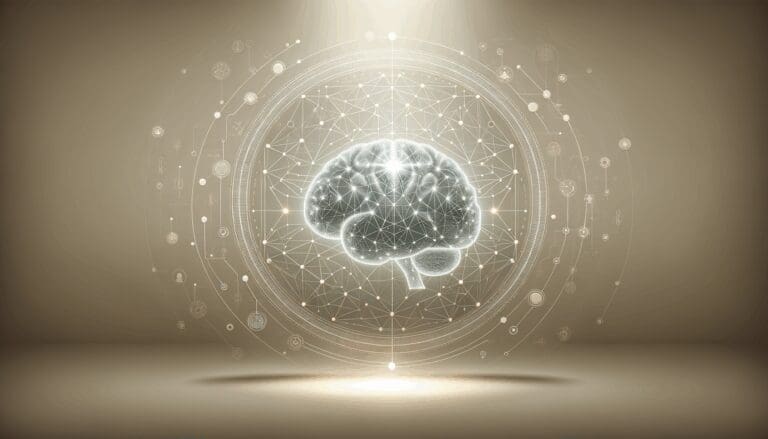 Fondo tecnológico minimalista con ilustración de red de datos y cerebro artificial brillante al centro