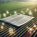 Campo agrícola visto desde arriba, con equipos modernos y sensores tecnológicos entre los cultivos.