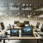 Mesa de trabajo con laptops, café y tabletas mostrando gráficos de tecnología financiera, ambiente colaborativo y moderno.