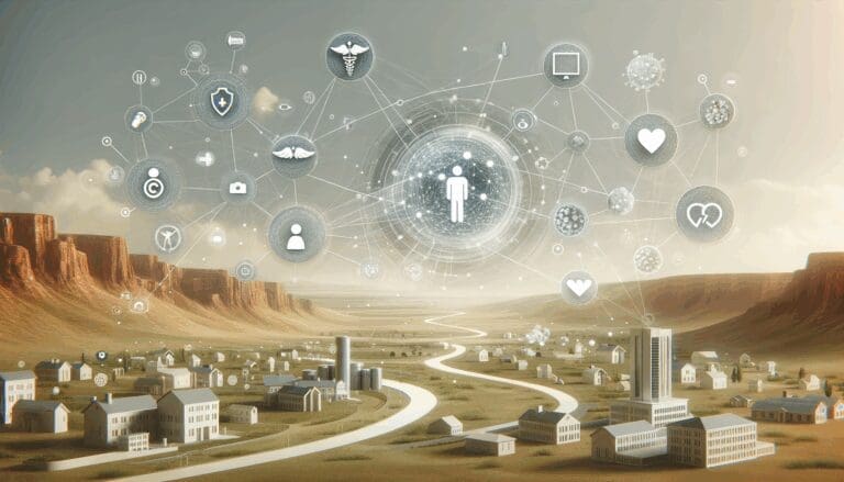 Representación abstracta de inteligencia artificial conectada con elementos médicos y hospitalarios.