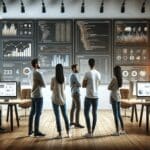 Equipo diverso de desarrolladores analizando datos frente a pantallas con gráficos de software y código en un espacio de coworking moderno.