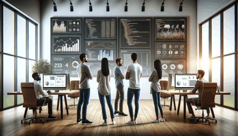 Equipo diverso de desarrolladores analizando datos frente a pantallas con gráficos de software y código en un espacio de coworking moderno.