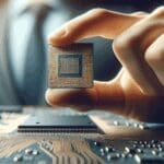 Primer plano de una mano sosteniendo un chip semiconductor sobre una placa computacional brillante.