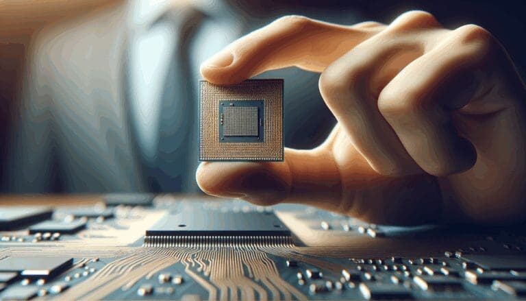 Primer plano de una mano sosteniendo un chip semiconductor sobre una placa computacional brillante.