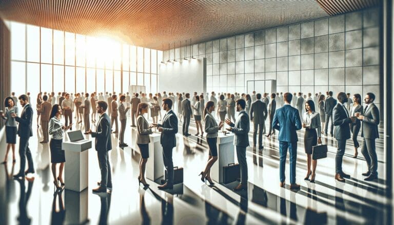 Escena vibrante de un evento tecnológico con emprendedores interactuando y presentando ideas en un salón moderno.