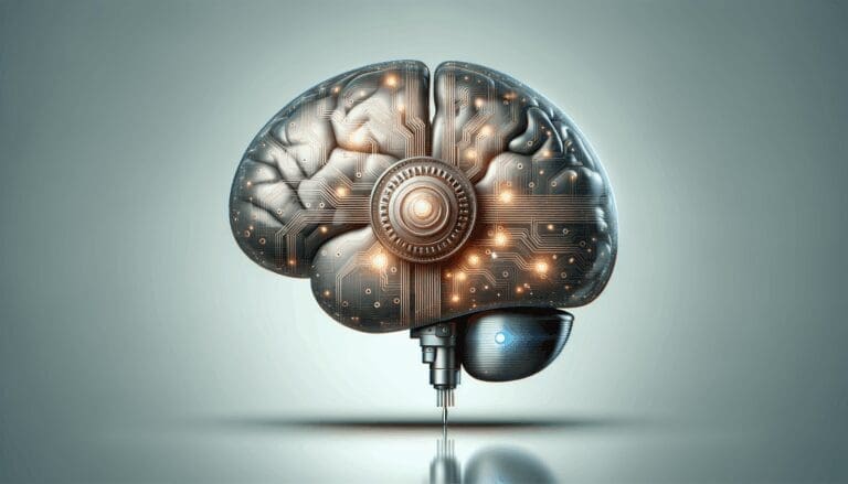 Primer plano estilizado de un implante cerebral conectado a circuitos digitales en fondo neutro y futurista.