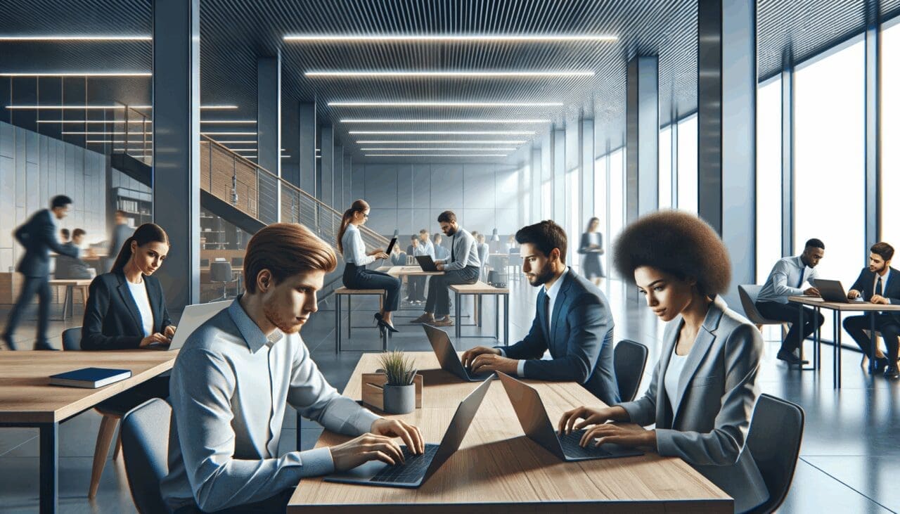 Una oficina moderna con jóvenes trabajando en computadoras portátiles en un ambiente dinámico y tecnológico.