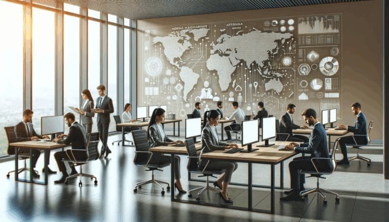 Oficina tecnológica moderna con un equipo internacional desarrollando software de inteligencia artificial.