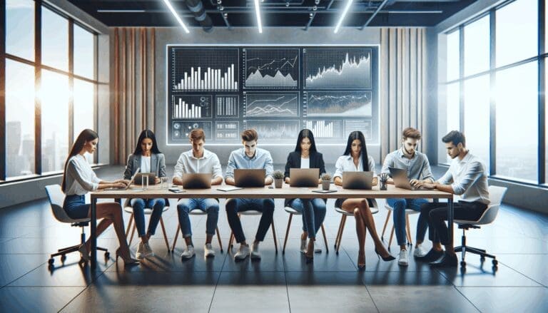 Personas jóvenes usando laptops alrededor de una mesa, con gráficos financieros al fondo, en un entorno moderno y luminoso.