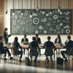 Grupo de emprendedores conversando en una sala moderna con pizarras y laptops, ambiente colaborativo mostrando tecnología e innovación.