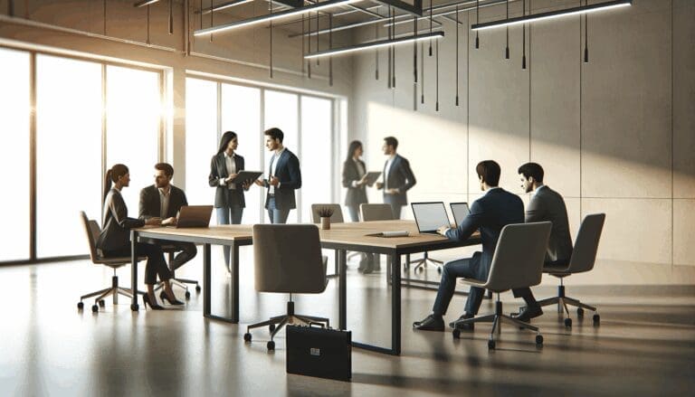 Mesa de trabajo en una oficina moderna con computadoras portátiles y emprendedores colaborando.
