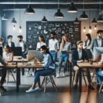 Personas jóvenes colaborando en un espacio moderno de coworking, rodeados de computadoras y pizarras.