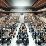 Auditorio moderno lleno de emprendedores y líderes tecnológicos durante una conferencia internacional.
