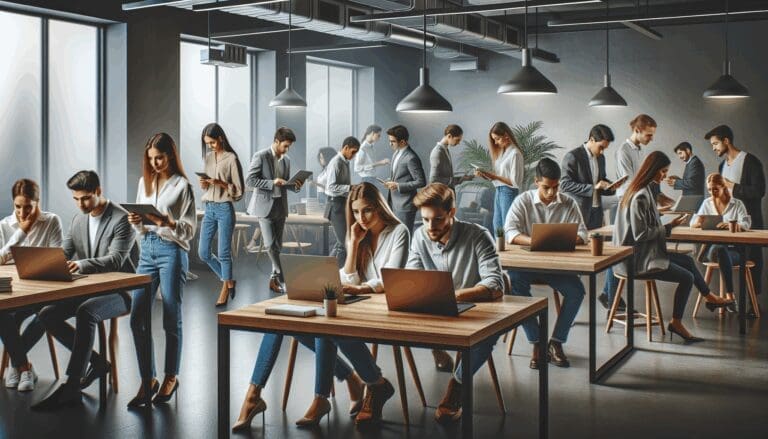 Espacio de coworking moderno con jóvenes empresarios revisando laptops y calendarios digitales.