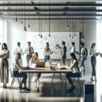 Personas colaborando en un espacio de coworking moderno con pizarras y laptops.