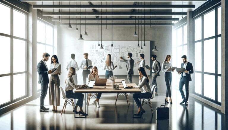 Personas colaborando en un espacio de coworking moderno con pizarras y laptops.