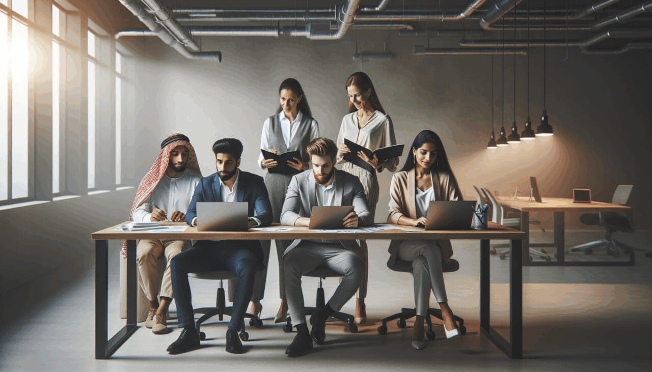 Grupo diverso de emprendedores colaborando en un espacio de coworking tecnológico