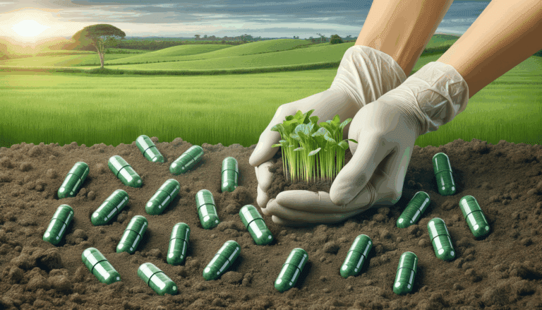 Primer plano de cápsulas biodegradables sobre suelo fértil, manos sembrando, fondo de campo verde.