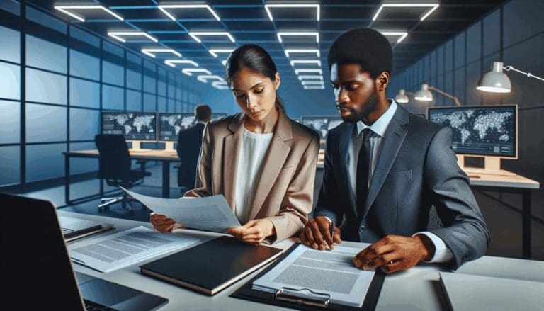 Dos profesionales revisando documentos legales en una oficina tecnológica moderna con pantallas y laptops.
