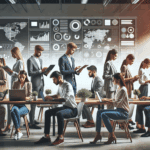 Equipo diverso de jóvenes profesionales colaborando en una oficina moderna, rodeados de tecnología y pizarras digitales.