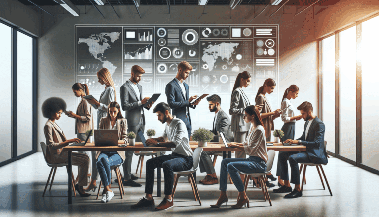Equipo diverso de jóvenes profesionales colaborando en una oficina moderna, rodeados de tecnología y pizarras digitales.