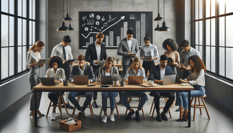 Grupo diverso de emprendedores colaborando en un espacio de coworking moderno, laptops sobre la mesa y pizarras con gráficos de crecimiento.