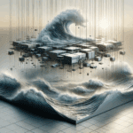 Olas oceánicas chocando contra una estructura metálica flotante bajo un cielo despejado, en un entorno tecnológico.