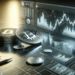 Primer plano de monedas digitales y gráficos financieros en una pantalla moderna.