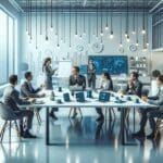 Equipo de profesionales discutiendo en un moderno coworking tecnológico, dispositivos IoT visibles sobre la mesa.