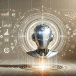 Ilustración conceptual de una inteligencia artificial moderna con luces y gráficos financieros en un fondo tecnológico elegante.