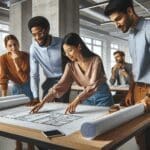 Equipo diverso de emprendedores analizando planos y datos en un espacio de coworking moderno.